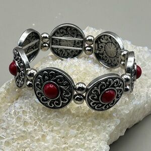 Elegant Silver and Red Women's Bracelet Vintage Bohemian Style -Gift Idea